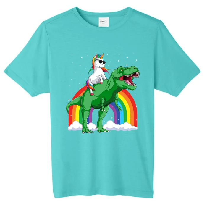 Unicorn Riding T Rex Dinosaur Rainbow Gift ChromaSoft Performance T-Shirt