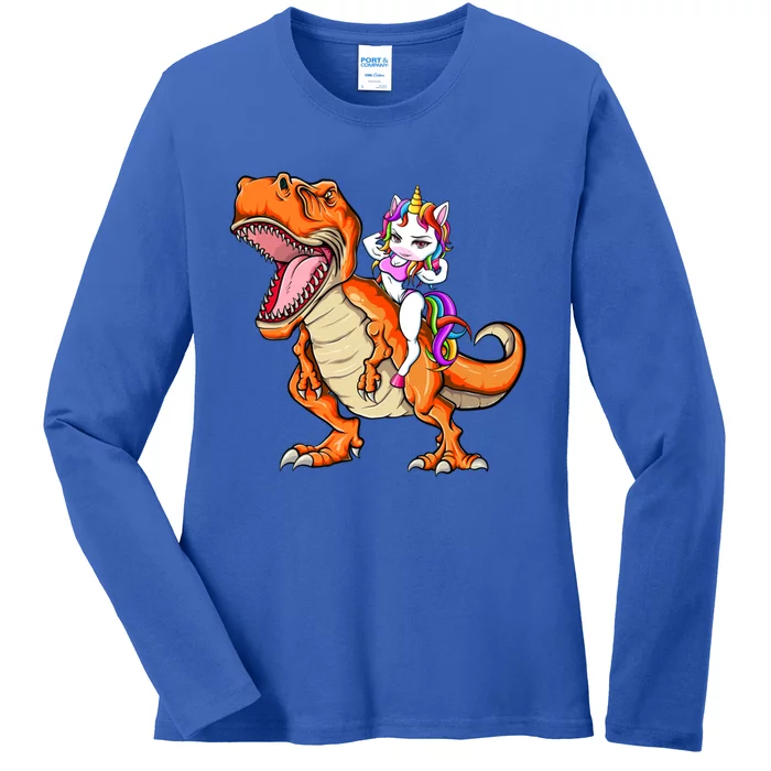 Unicorn Riding T Rex Dinosaur Mgical Unicorn Gift Ladies Long Sleeve Shirt