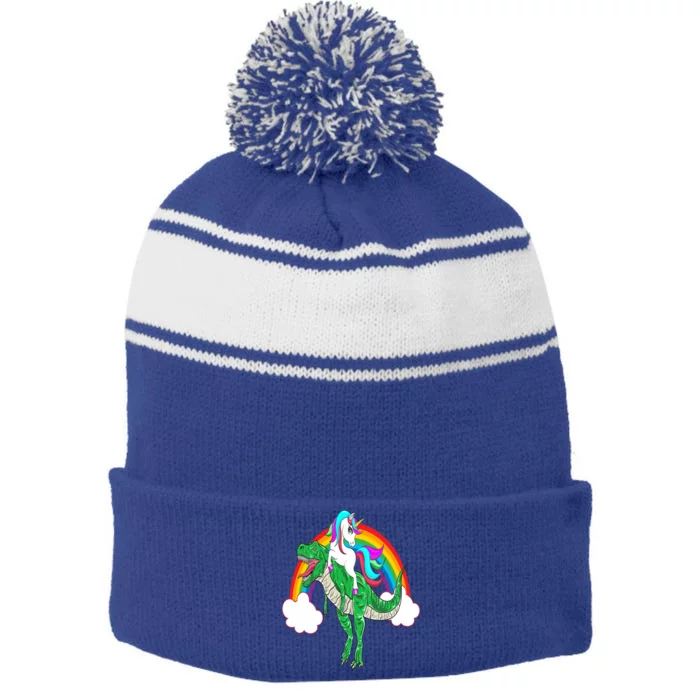 Unicorn Riding T Rex Dinosaur Gift Stripe Pom Pom Beanie