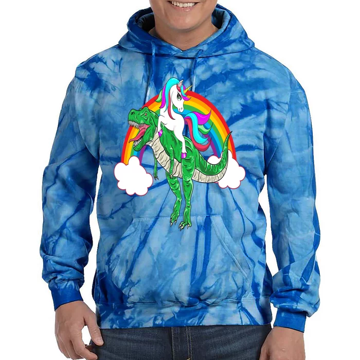 Unicorn Riding T Rex Dinosaur Gift Tie Dye Hoodie