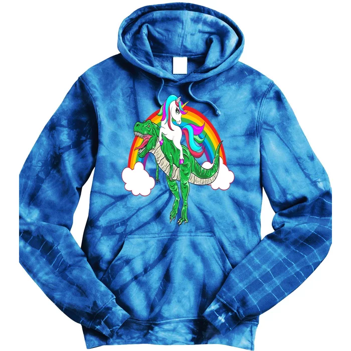 Unicorn Riding T Rex Dinosaur Gift Tie Dye Hoodie