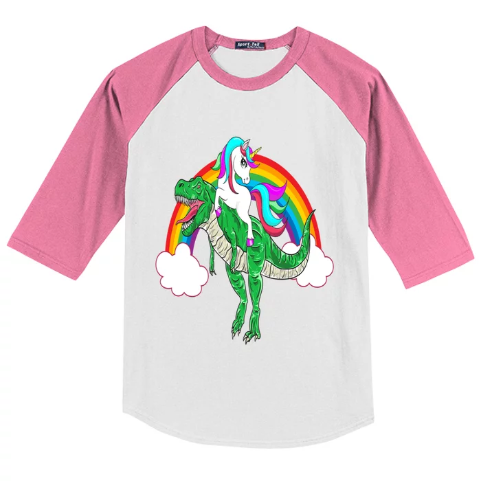 Unicorn Riding T Rex Dinosaur Gift Kids Colorblock Raglan Jersey