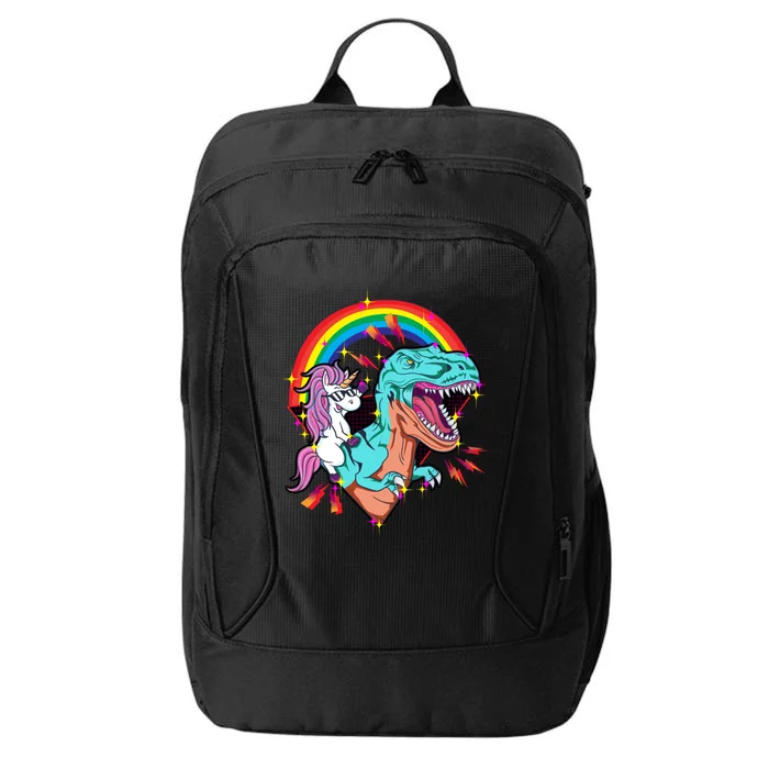 Unicorn Riding T Rex Rainbow Synthwave Dinosaur Gift City Backpack