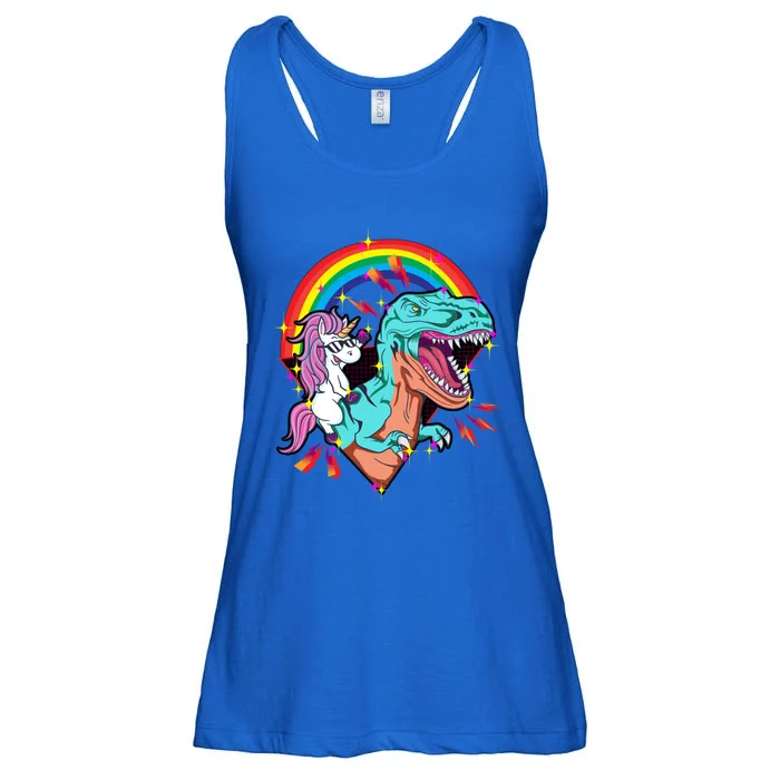 Unicorn Riding T Rex Rainbow Synthwave Dinosaur Gift Ladies Essential Flowy Tank