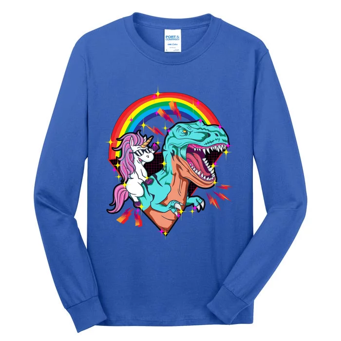 Unicorn Riding T Rex Rainbow Synthwave Dinosaur Gift Tall Long Sleeve T-Shirt