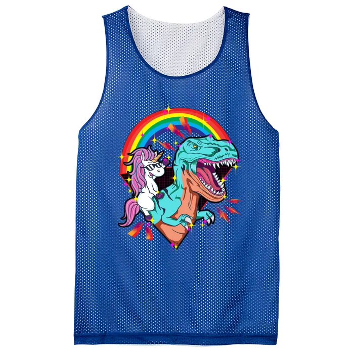 Unicorn Riding T Rex Rainbow Synthwave Dinosaur Gift Mesh Reversible Basketball Jersey Tank