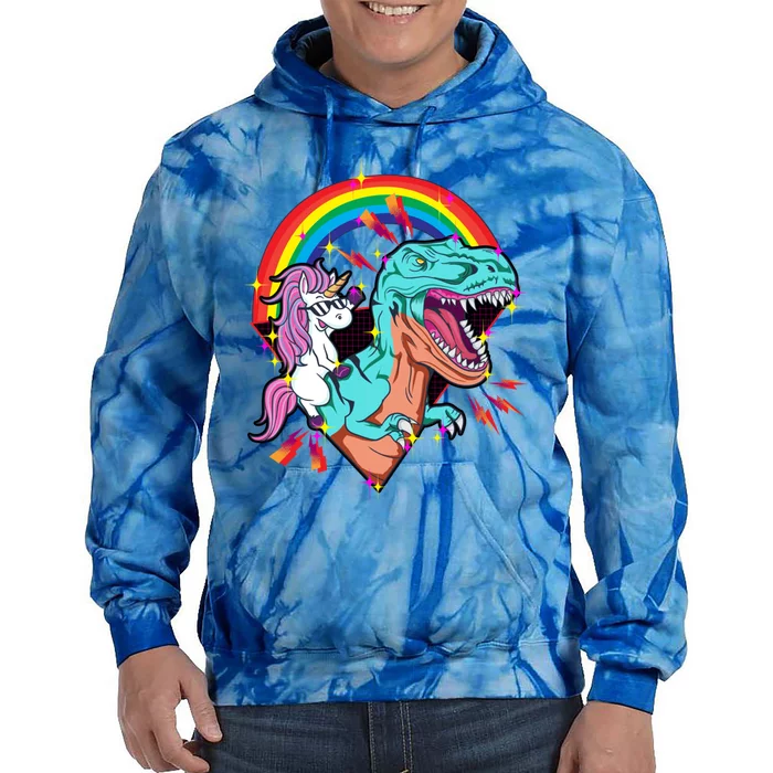 Unicorn Riding T Rex Rainbow Synthwave Dinosaur Gift Tie Dye Hoodie