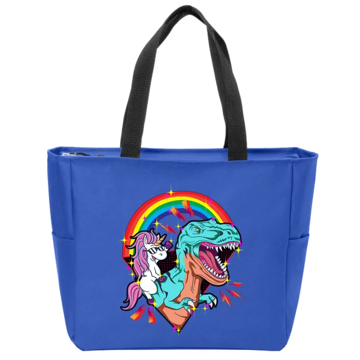 Unicorn Riding T Rex Rainbow Synthwave Dinosaur Gift Zip Tote Bag