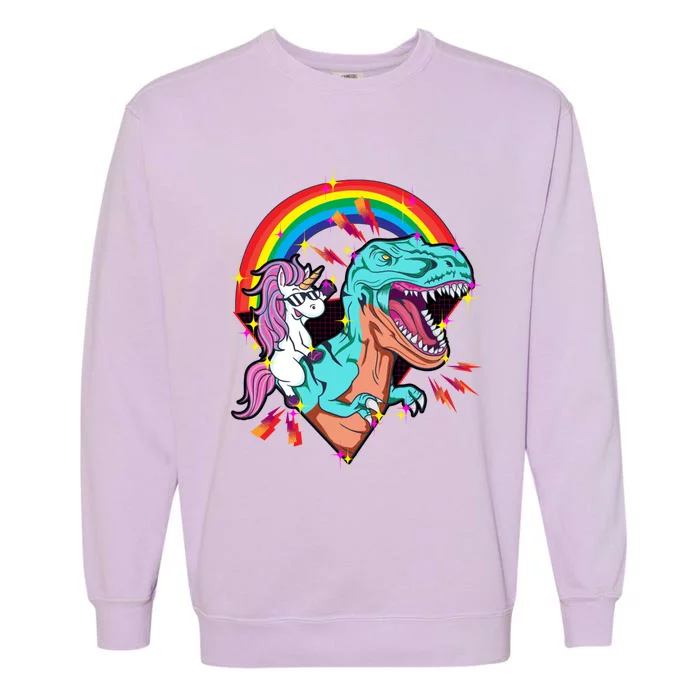 Unicorn Riding T Rex Rainbow Synthwave Dinosaur Gift Garment-Dyed Sweatshirt