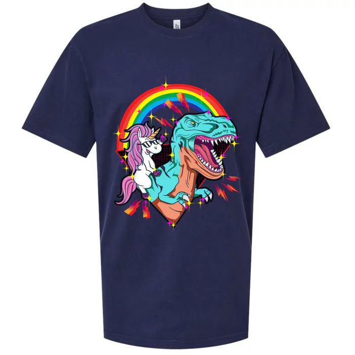 Unicorn Riding T Rex Rainbow Synthwave Dinosaur Gift Sueded Cloud Jersey T-Shirt