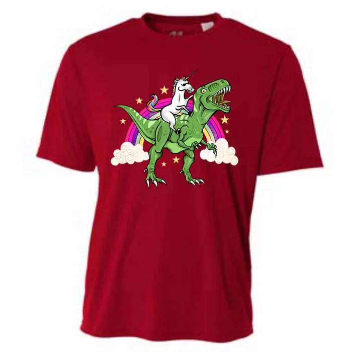 Unicorn Riding Trex Dinosaur Gift Cooling Performance Crew T-Shirt