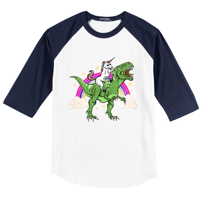 Unicorn Riding Trex Dinosaur Gift Baseball Sleeve Shirt