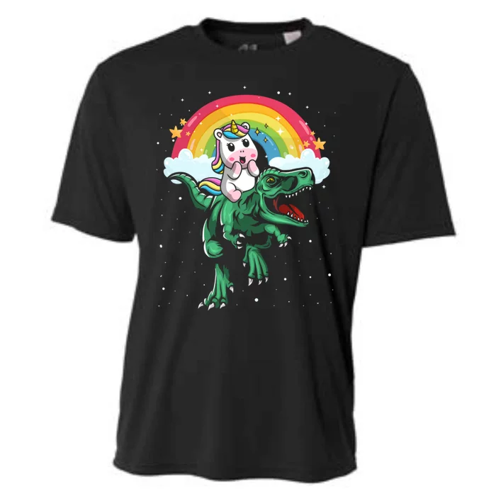 Unicorn Riding Trex Dino Dinosaur Rainbow Fun Unicorn Gift Cooling Performance Crew T-Shirt