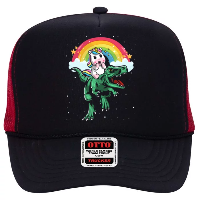 Unicorn Riding Trex Dino Dinosaur Rainbow Fun Unicorn Gift High Crown Mesh Trucker Hat