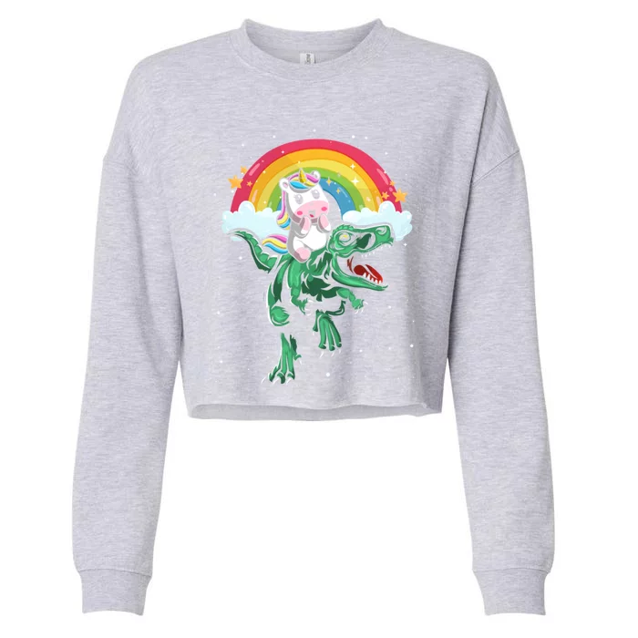 Unicorn Riding Trex Dino Dinosaur Rainbow Fun Unicorn Gift Cropped Pullover Crew