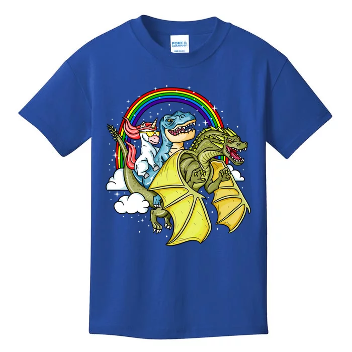 Unicorn Riding Trex Dinosaur Dragon Rainbow Fantasy Gift Funny Gift Kids T-Shirt