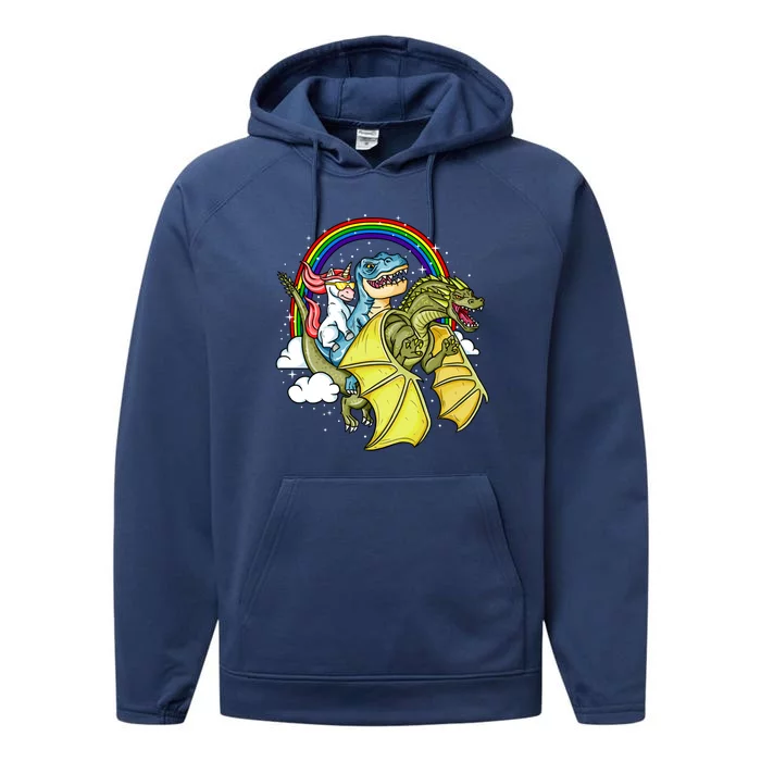 Unicorn Riding Trex Dinosaur Dragon Rainbow Fantasy Gift Funny Gift Performance Fleece Hoodie