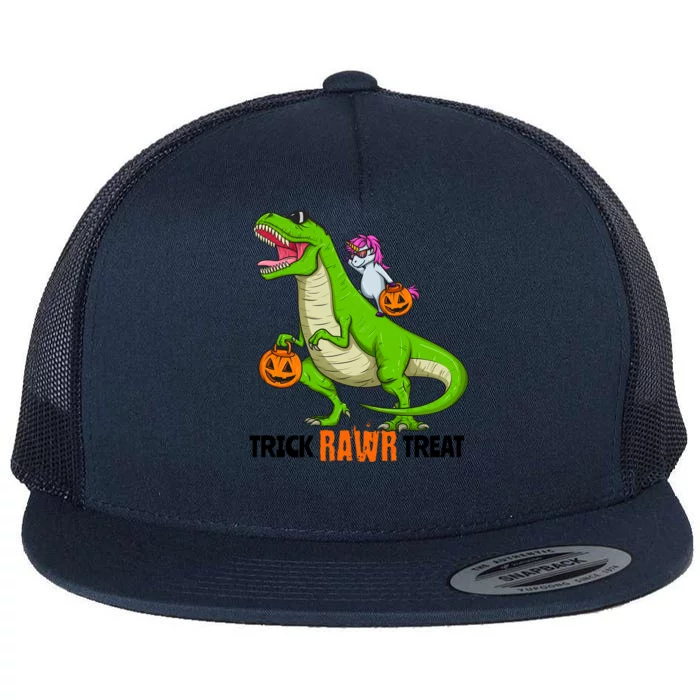 Unicorn Riding T Rex Dinosaur Halloween Trick Rawr Treat Gift Flat Bill Trucker Hat