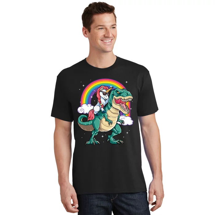 Unicorn Riding T Rex Dinosaur Rainbow T-Shirt