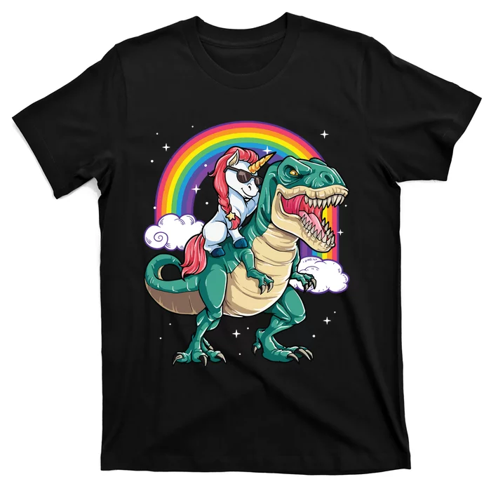 Unicorn Riding T Rex Dinosaur Rainbow T-Shirt