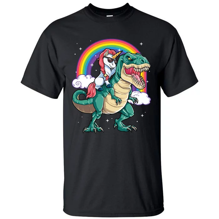 Unicorn Riding T Rex Dinosaur Rainbow Tall T-Shirt