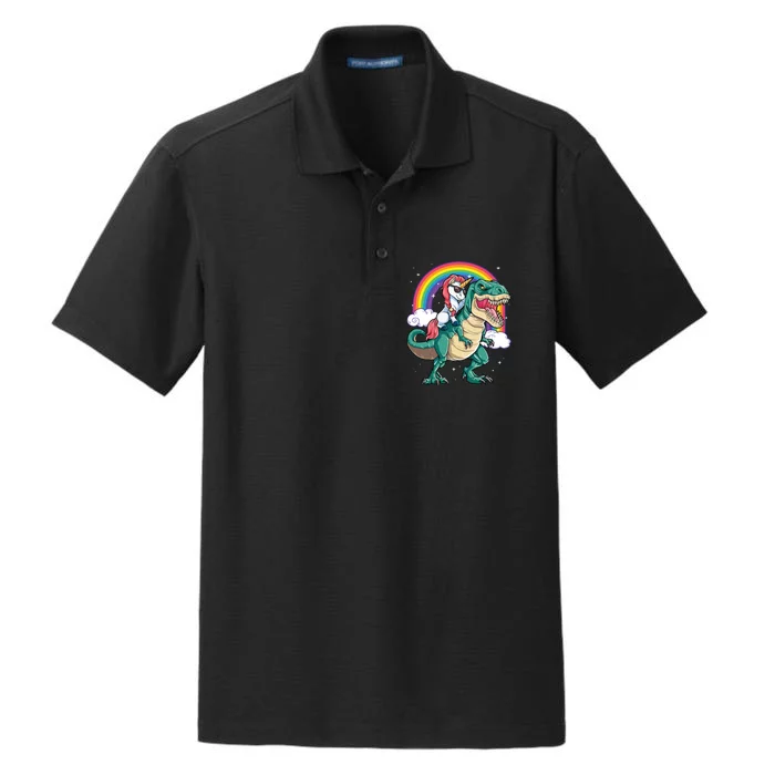 Unicorn Riding T Rex Dinosaur Rainbow Dry Zone Grid Performance Polo