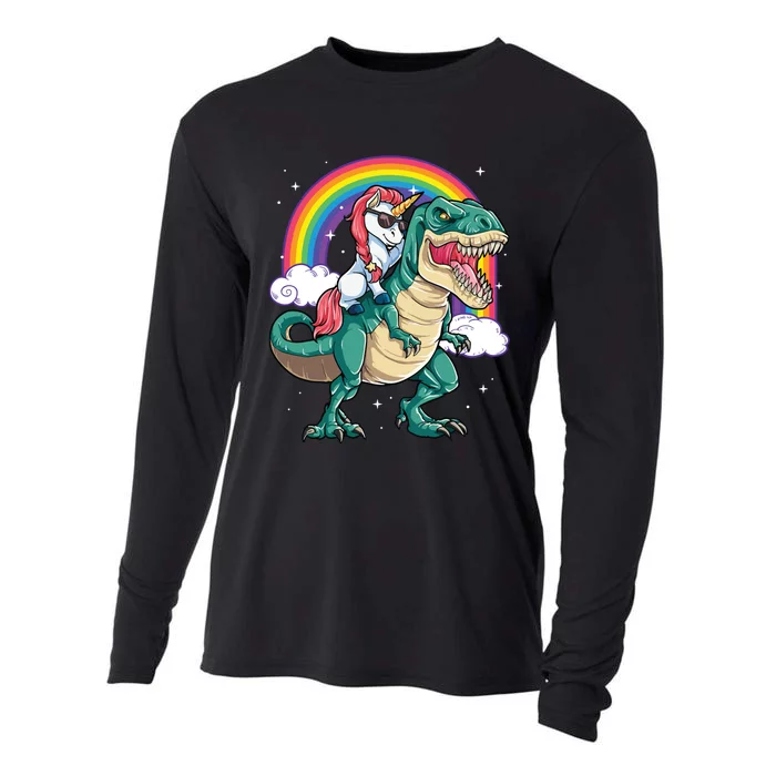 Unicorn Riding T Rex Dinosaur Rainbow Cooling Performance Long Sleeve Crew