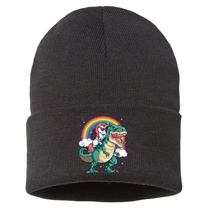 Unicorn Riding T Rex Dinosaur Rainbow Sustainable Knit Beanie