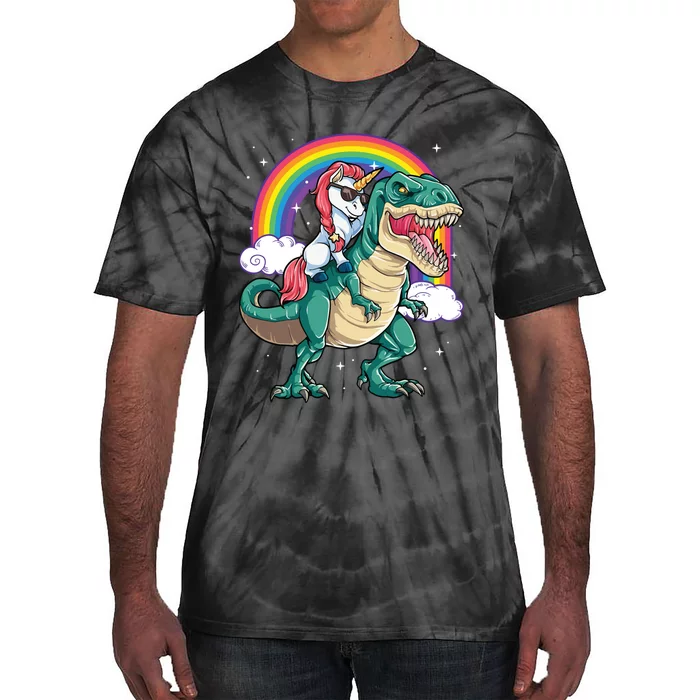 Unicorn Riding T Rex Dinosaur Rainbow Tie-Dye T-Shirt