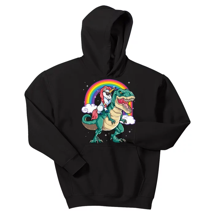 Unicorn Riding T Rex Dinosaur Rainbow Kids Hoodie