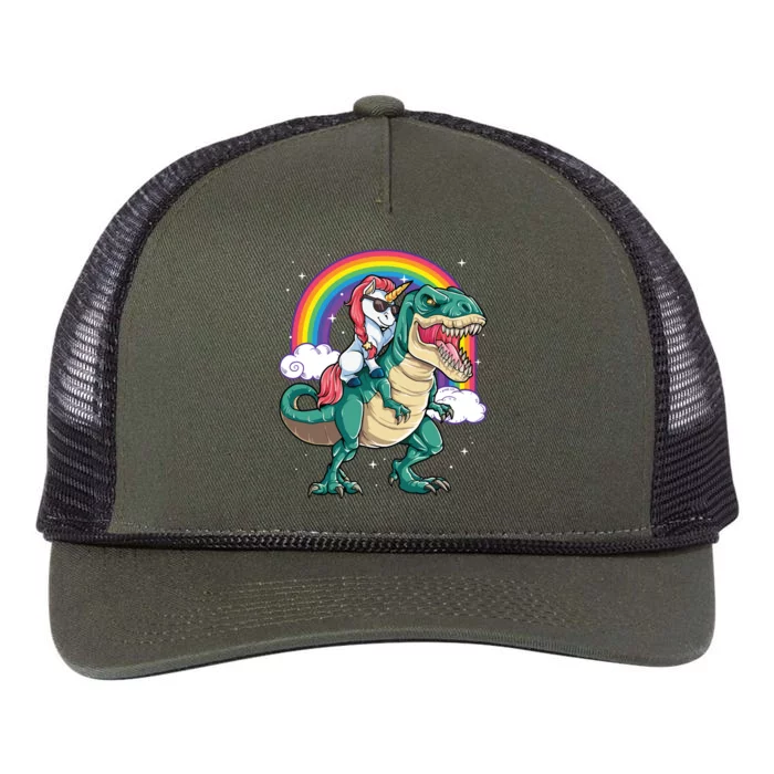 Unicorn Riding T Rex Dinosaur Rainbow Retro Rope Trucker Hat Cap