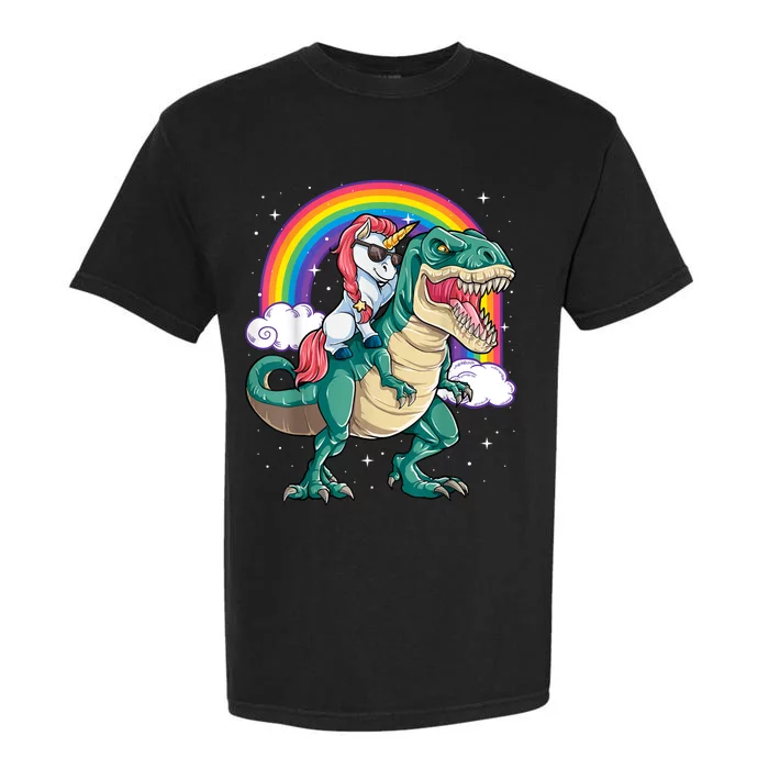 Unicorn Riding T Rex Dinosaur Girls Rainbow Garment-Dyed Heavyweight T-Shirt