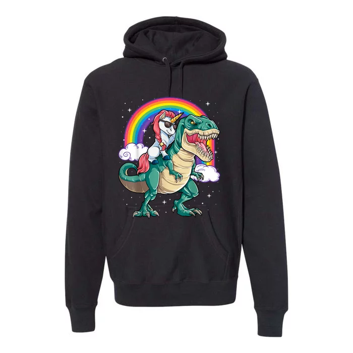 Unicorn Riding T Rex Dinosaur Girls Rainbow Premium Hoodie