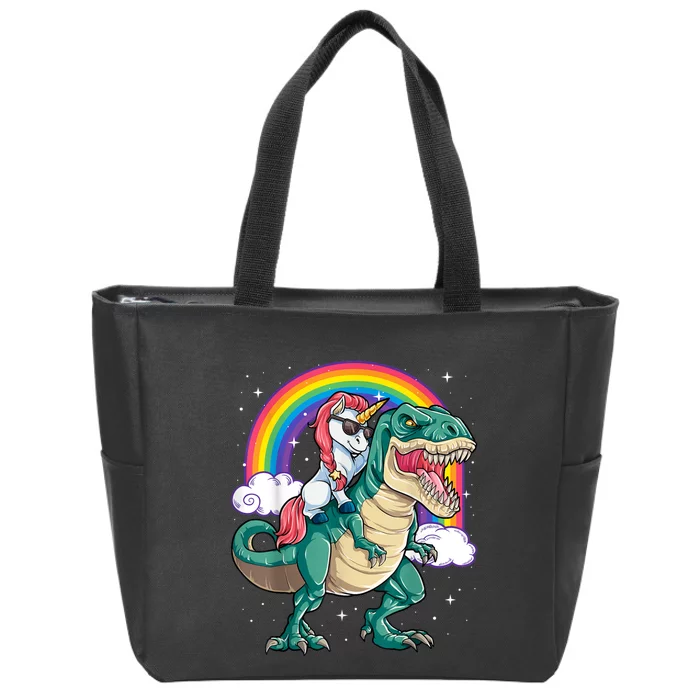 Unicorn Riding T Rex Dinosaur Girls Rainbow Zip Tote Bag