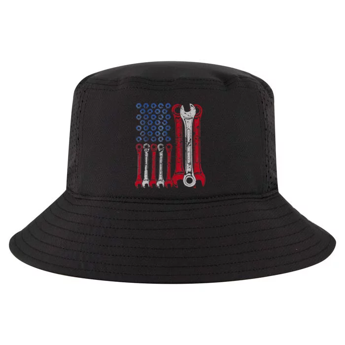 USA Red White Blue American Flag Mechanic Cool Comfort Performance Bucket Hat