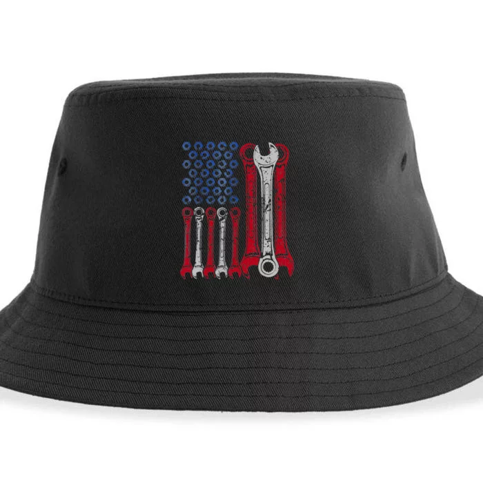 USA Red White Blue American Flag Mechanic Sustainable Bucket Hat