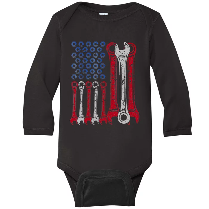 USA Red White Blue American Flag Mechanic Baby Long Sleeve Bodysuit