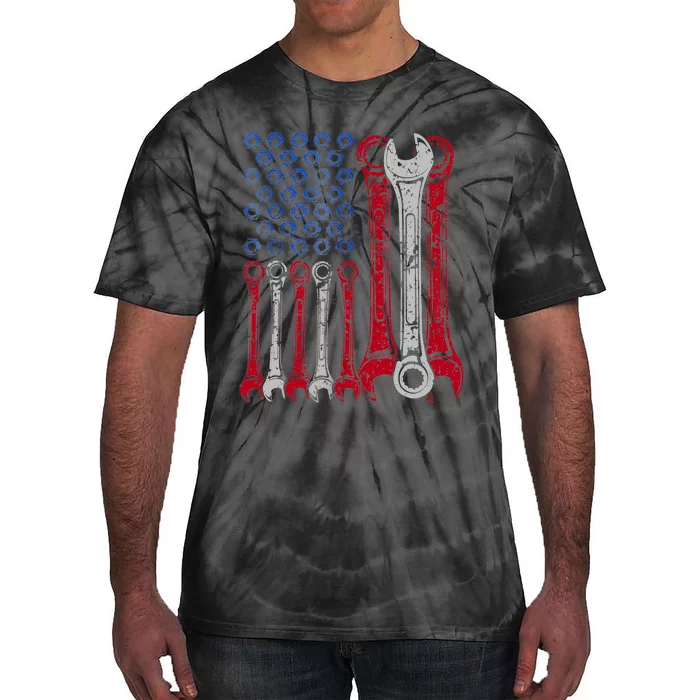 USA Red White Blue American Flag Mechanic Tie-Dye T-Shirt