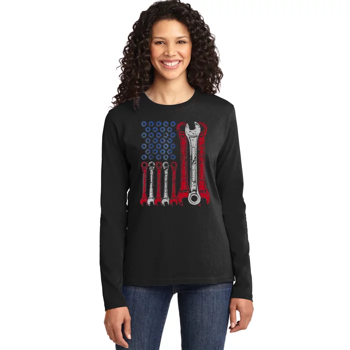 USA Red White Blue American Flag Mechanic Ladies Long Sleeve Shirt