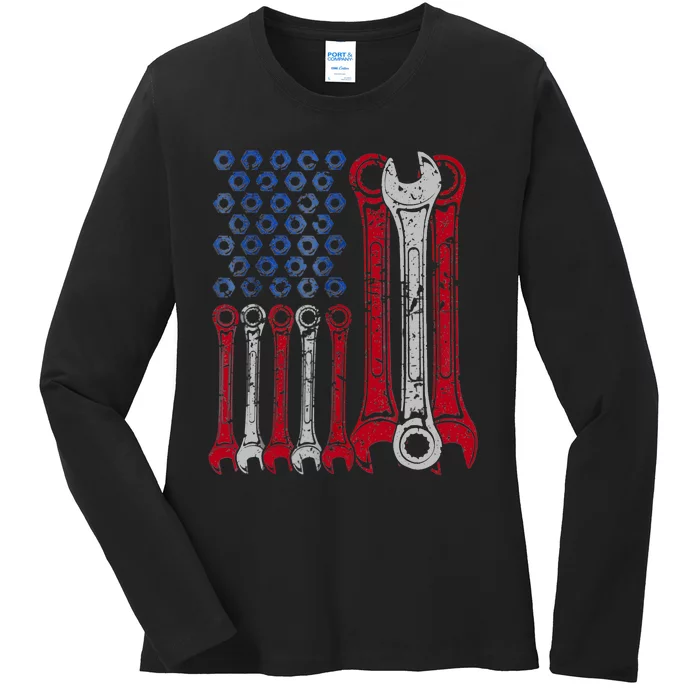 USA Red White Blue American Flag Mechanic Ladies Long Sleeve Shirt