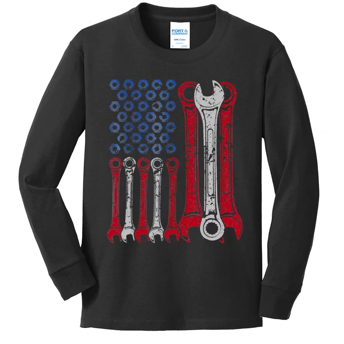 USA Red White Blue American Flag Mechanic Kids Long Sleeve Shirt