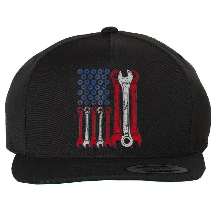 USA Red White Blue American Flag Mechanic Wool Snapback Cap