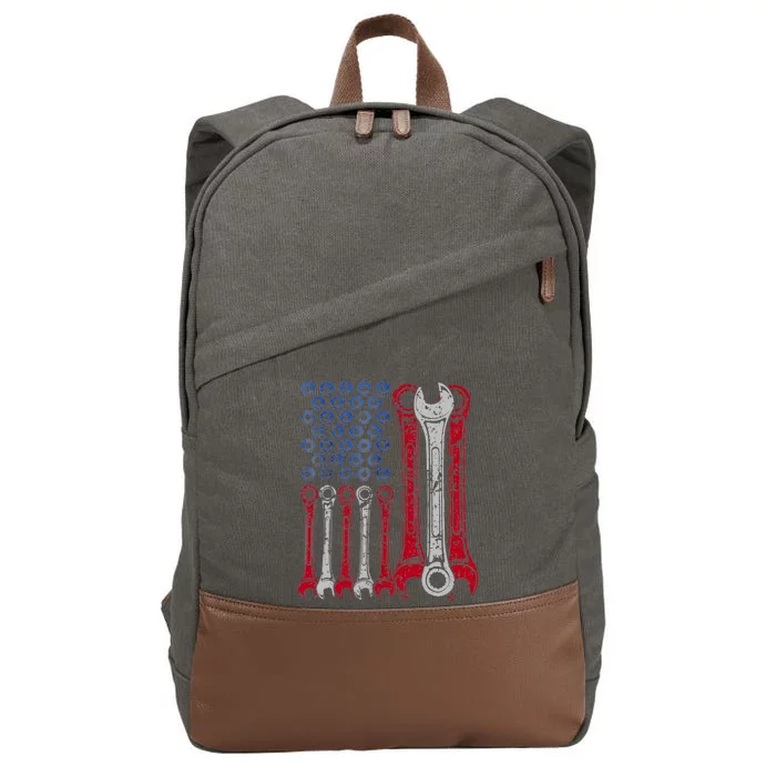 USA Red White Blue American Flag Mechanic Cotton Canvas Backpack