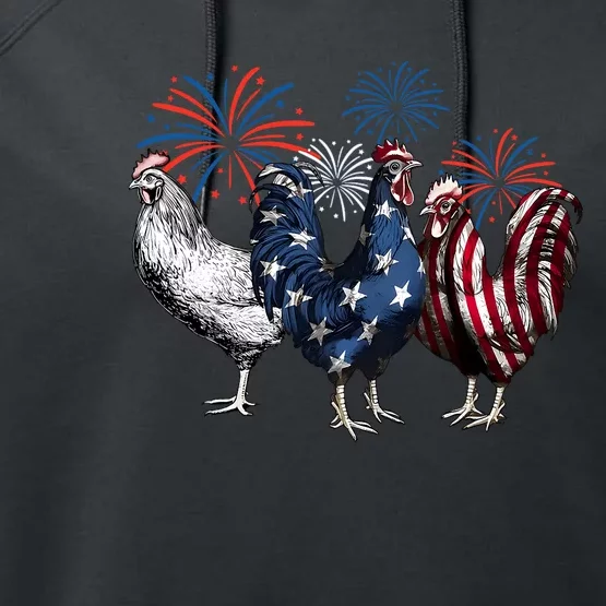 Usa Red White And Blue Retro 4th Of July American Chicken Performance Fleece Hoodie