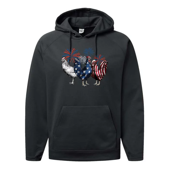 Usa Red White And Blue Retro 4th Of July American Chicken Performance Fleece Hoodie