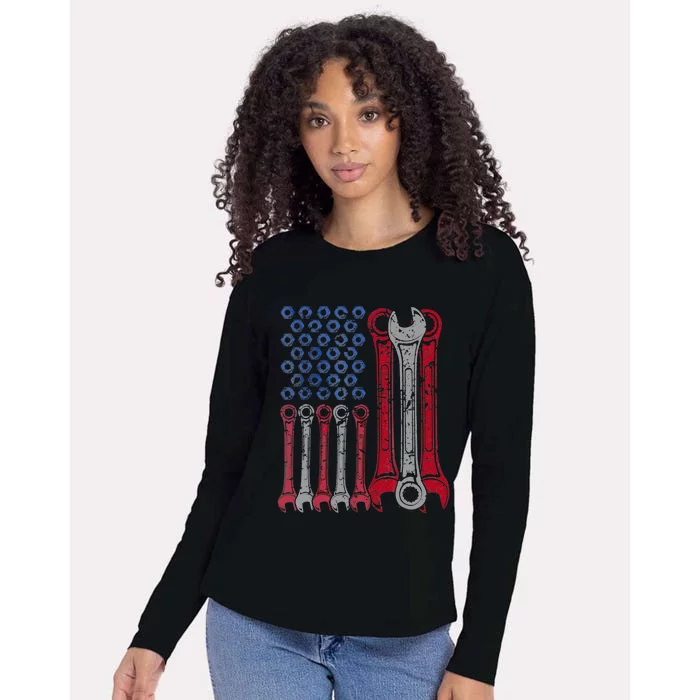 USA Red White Blue American Flag Mechanic Womens Cotton Relaxed Long Sleeve T-Shirt