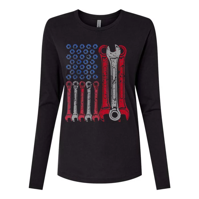 USA Red White Blue American Flag Mechanic Womens Cotton Relaxed Long Sleeve T-Shirt