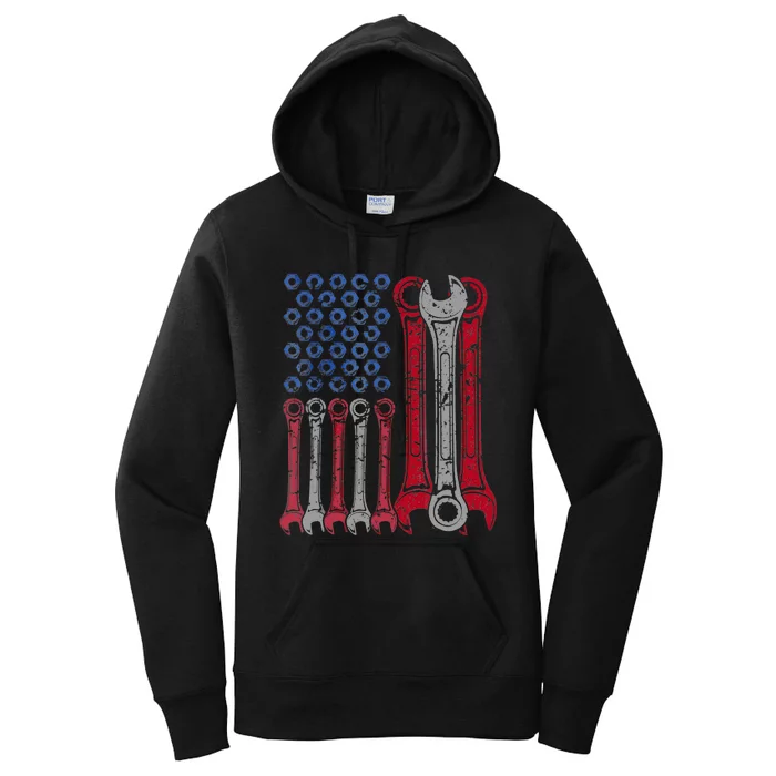 USA Red White Blue American Flag Mechanic Women's Pullover Hoodie