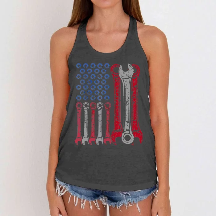 USA Red White Blue American Flag Mechanic Women's Knotted Racerback Tank