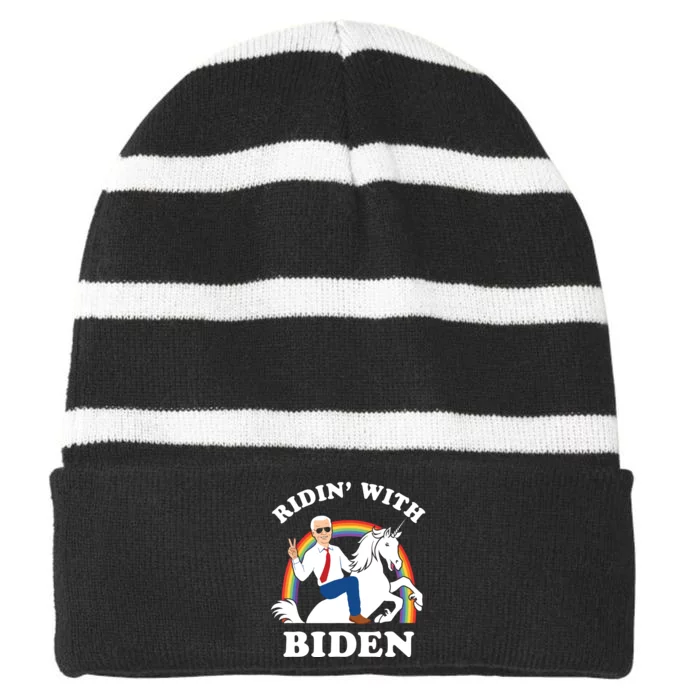 Unicorn Ridin With Biden Funny Joe Biden Striped Beanie with Solid Band